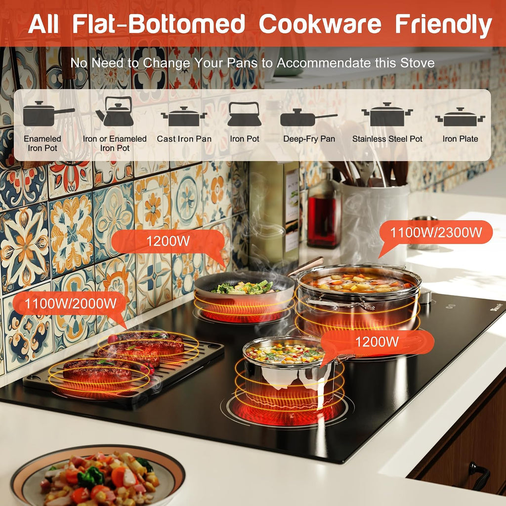 Electric Cooktop 30 Inch - 4 Burner Powerful Glass Electric Stove Top 6700W, 30 Inches Built-in Ceramic Stovetop with Dual & Expanded Ring, Knob Control, 220V - 240V Hard Wire(No Plug)