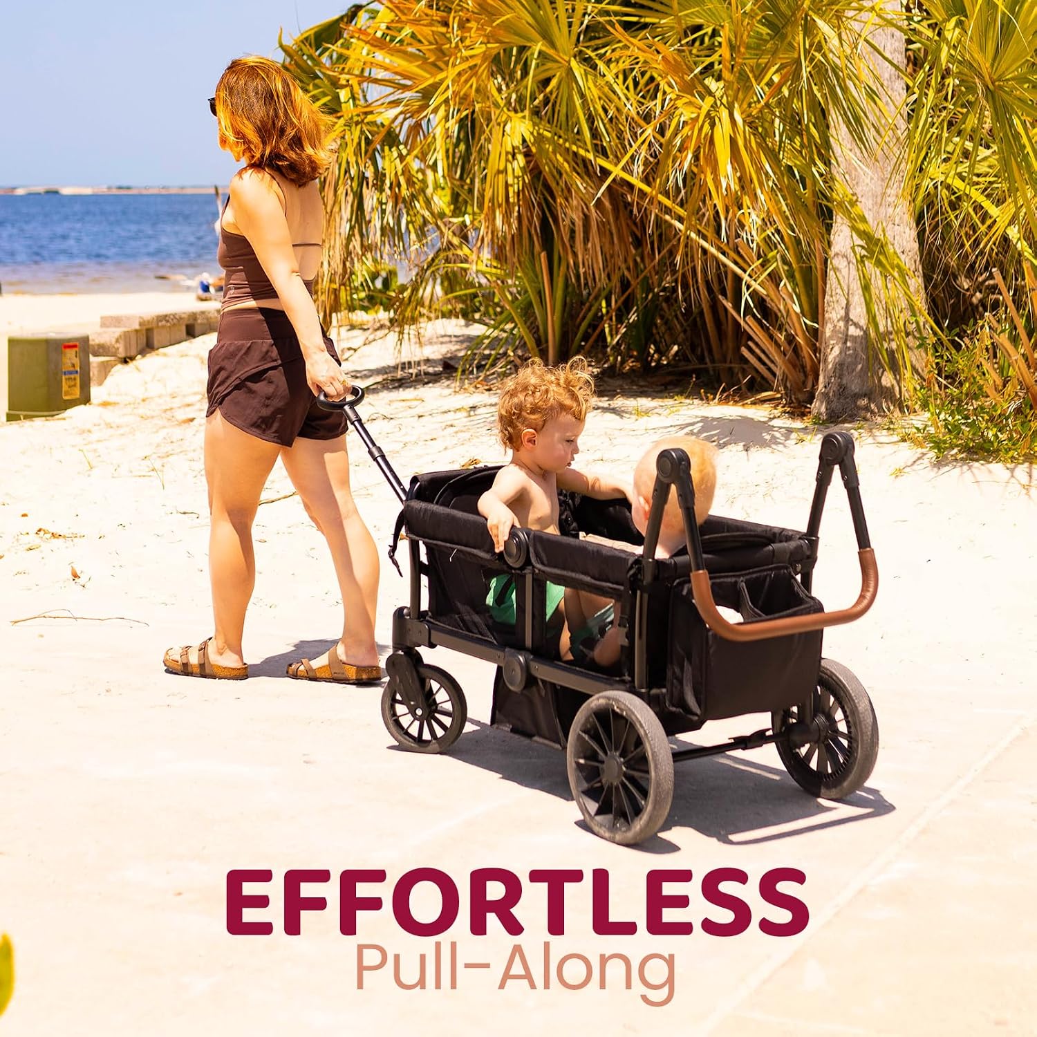HARPPA All-Terrain Wagon Stroller for 2 Kids, Foldable Outdoor & Beach Stroller Wagon with Removable Canopy, Adjustable Push & Pull Handle, Footwell & Large Storage, Black