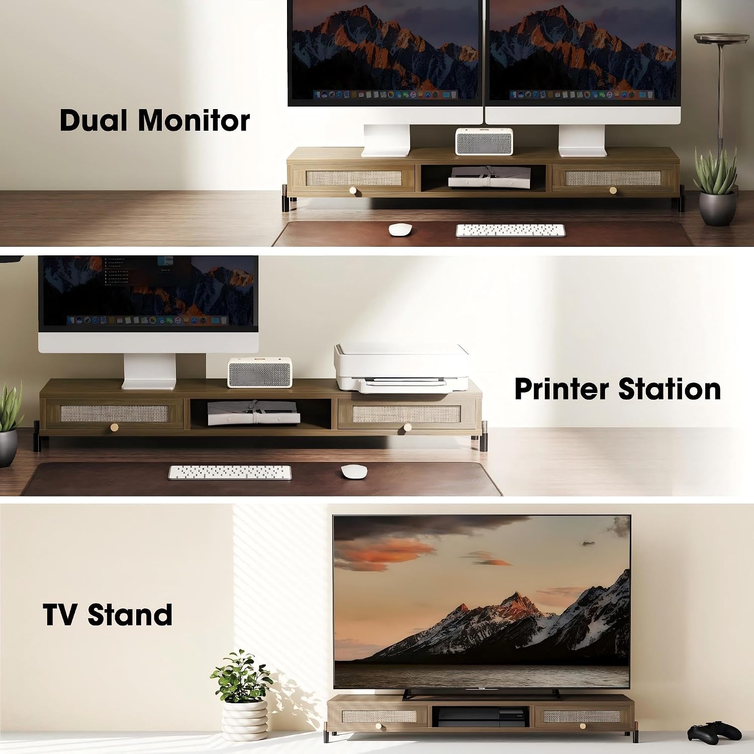 Fenge Dual Monitor Stand for Desk - Long Wooden Riser With Rattan Woven Drawer, 2 Tier Desk Shelf for 2 Monitors, Vintage Computer Stand for Laptop, Printer, TV