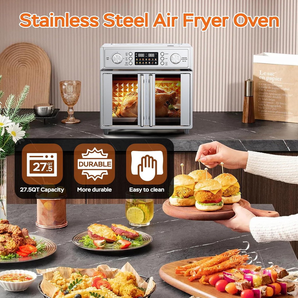 Plum chef 27.5QT French Door Air Fryer Toaster Oven Combo, Countertop Oven with 14 Presets & Digital Control, Extra Large Toaster Oven for Baking, Roasting, Accessories Includes,Stainless Steel