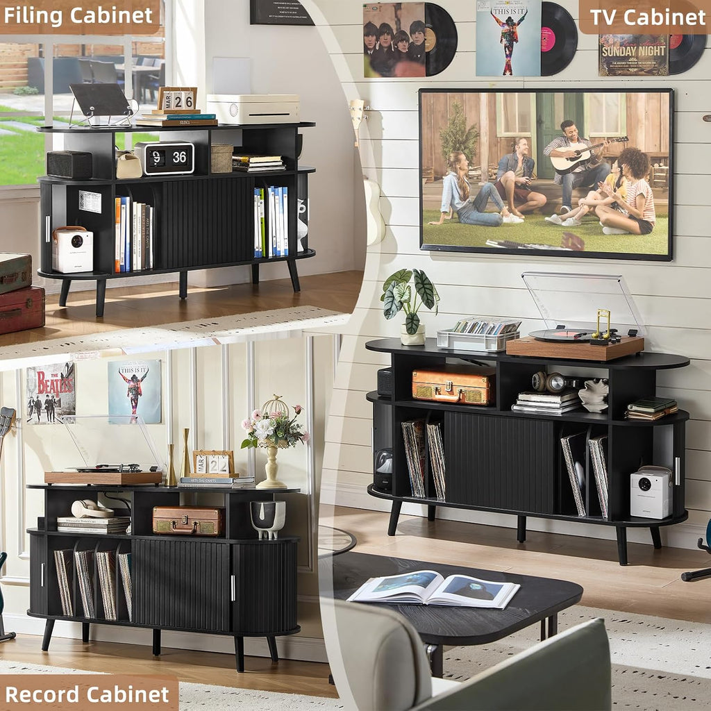 LELELINKY Large Round Record Player Stand with Charging Station & Fluted Panel, Black Farmhouse Turntable Cabinet with Vintage Vinyl Storage, Arched Wood Record Player Table for Living Room