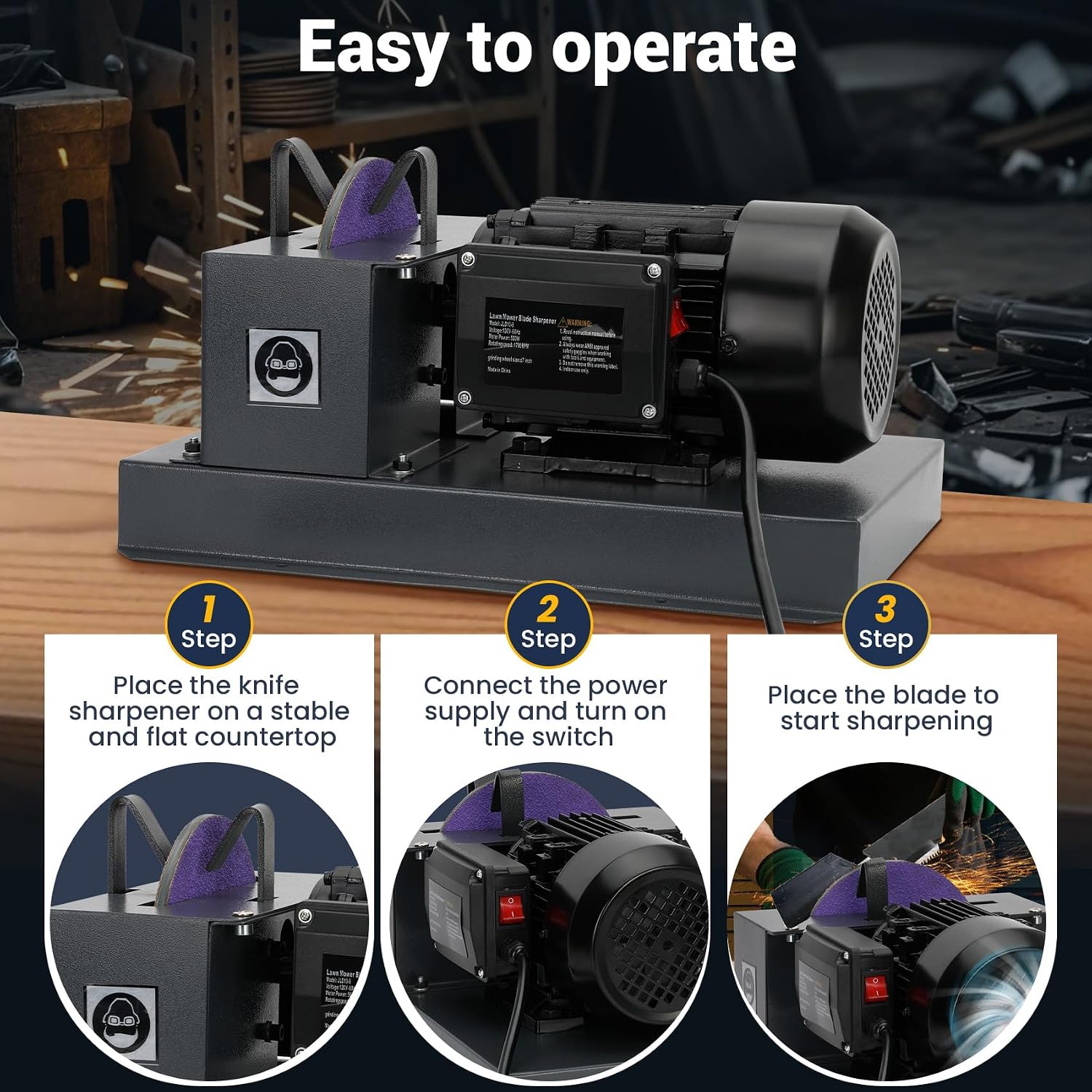 Lawn Mower Blade Bench Grinder,2/3HP 500W Lawn Blade Sharpener, Electric Lawn Mower Blade Sharpeners with 30° 40° Adjustable Brackets, 7 Inch Ceramic Sandpaperfor High/Low Lift, Gator, Flat Blades