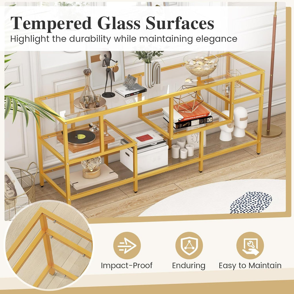 Tangkula Gold TV Stand for TVs up to 65', 58' TV Console Table with Tempered Glass Shelves & Golden Metal Frame, Modern Media Entertainment Center for Living Room & Entryway, Gold (58', Rectangular)