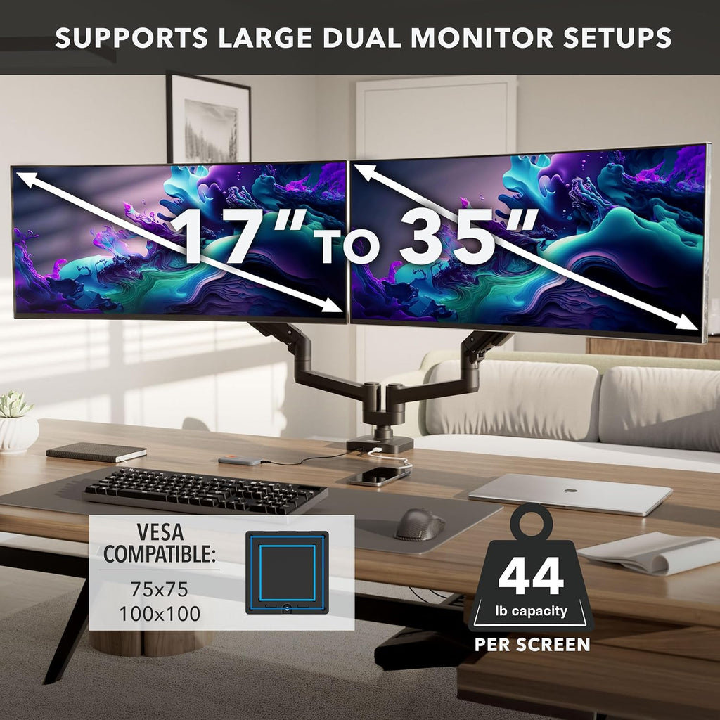 Mount-It! Proflex Series Heavy-Duty Dual Monitor Arm for 17–35' Screens, Gas Spring, Full Motion, USB-C & USB 3.0 Ports, VESA 75/100, Fits Ultrawide & Curved Displays, Clamp or Grommet Base