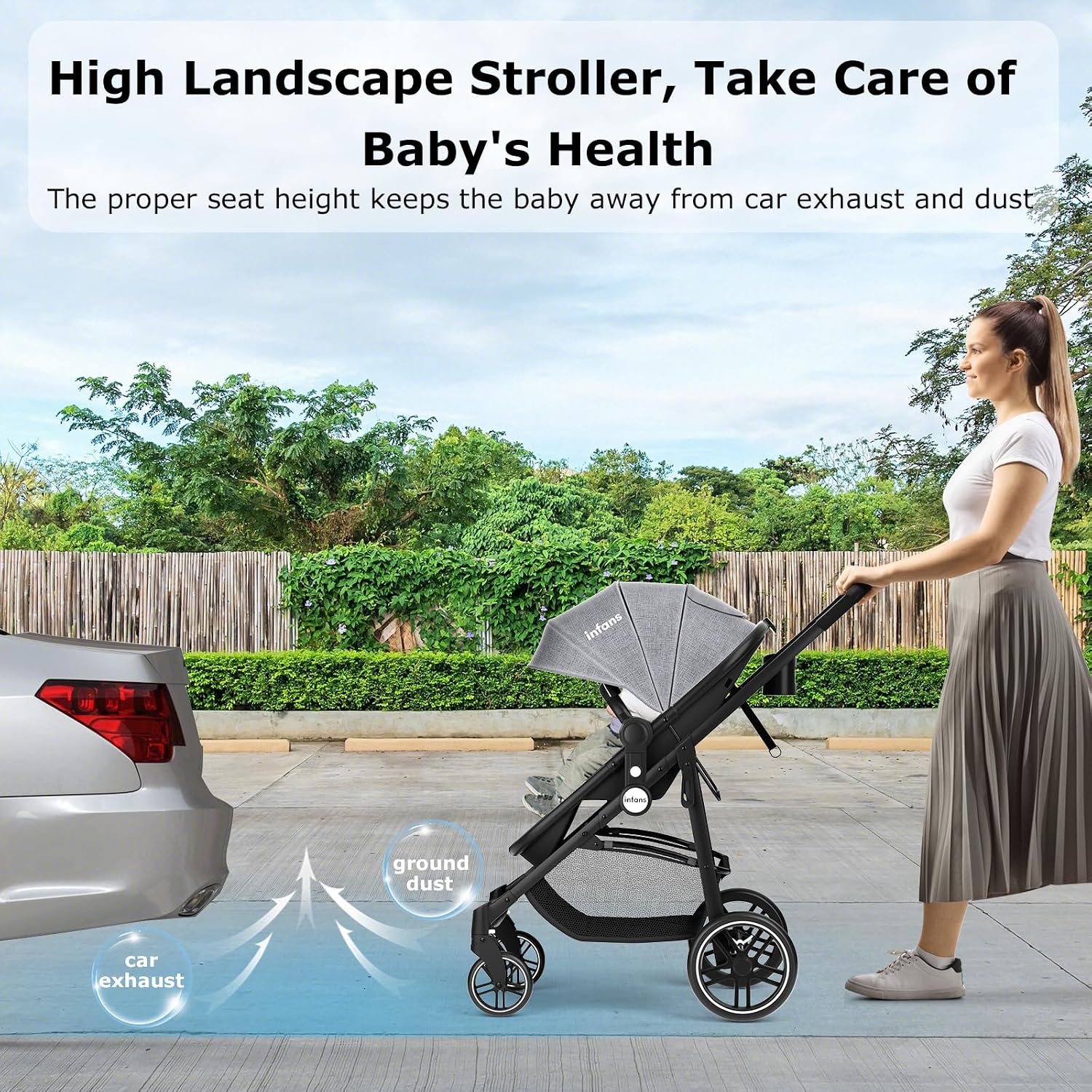INFANS 2 in 1 Baby Stroller, High Landscape Infant Stroller & Reversible Bassinet Pram, Foldable Pushchair with Adjustable Canopy, Cup Holder, Storage Basket, Suspension Wheels (Grey)