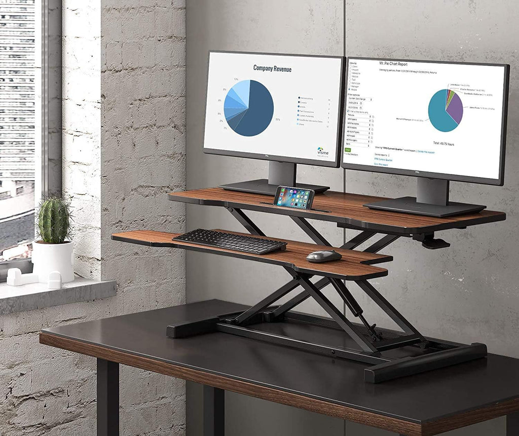 FITUEYES Height Adjustable Standing Desk 36' Wide Sit to Stand Converter Stand Up Desk Tabletop Workstation for Laptops Dual Monitor Riser Brown SD309102WE
