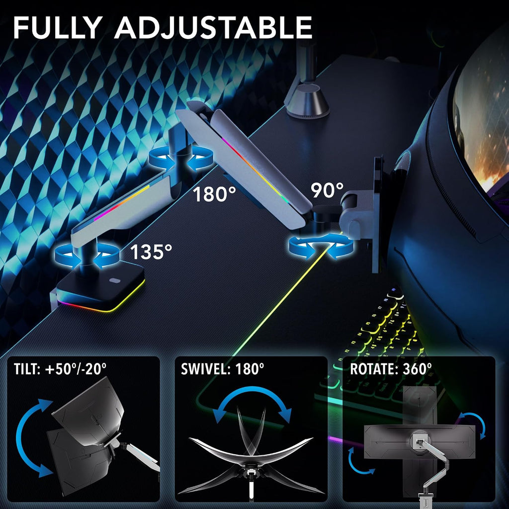 Mount-It! Heavy-Duty Ultrawide Monitor Arm up to 49', 44 lb Capacity, Desk Mount for Curved & Widescreen Monitors, Compatible with Samsung Odyssey G9, Gas Spring, RGB Lighting, VESA 75x75 & 100x100