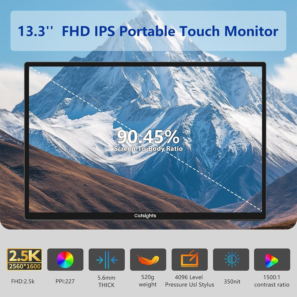 Portable Monitor Touchscreen for Mac 13.3' 2.5K Touch Screen Monitor with Protective Sleeve, USB-C Plug & Play 1500:1 0.22' Laptop Screen Extender for Mac Laptop PC with Stand and Stylus