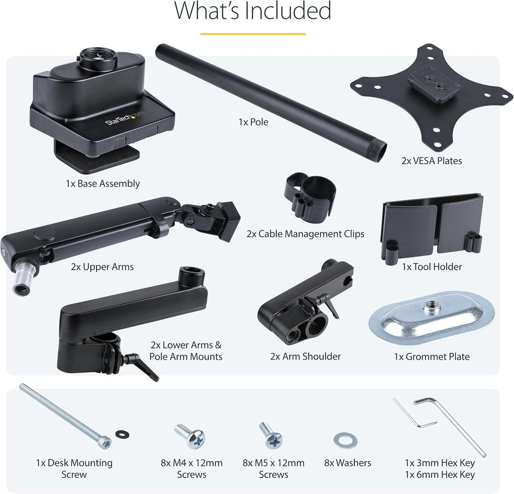StarTech.com Desk Mount Dual Monitor Arm, Height Adjustable Mount for 2X VESA Displays up to 32' (17.6lb/8kg), Mechanical Spring