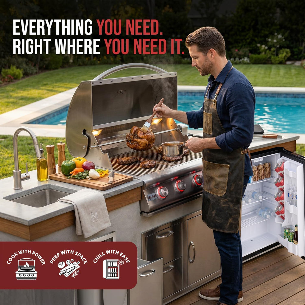 BLAZE BBQ Outdoor Gas Grill Package of 32' LTE Built-in Gas Grill, Dop-In Single Side Burner, 32' Door & Two Drawers Combo, Roll Out Double Trash Drawer, 20' Compact Refrigerator, and Accessories