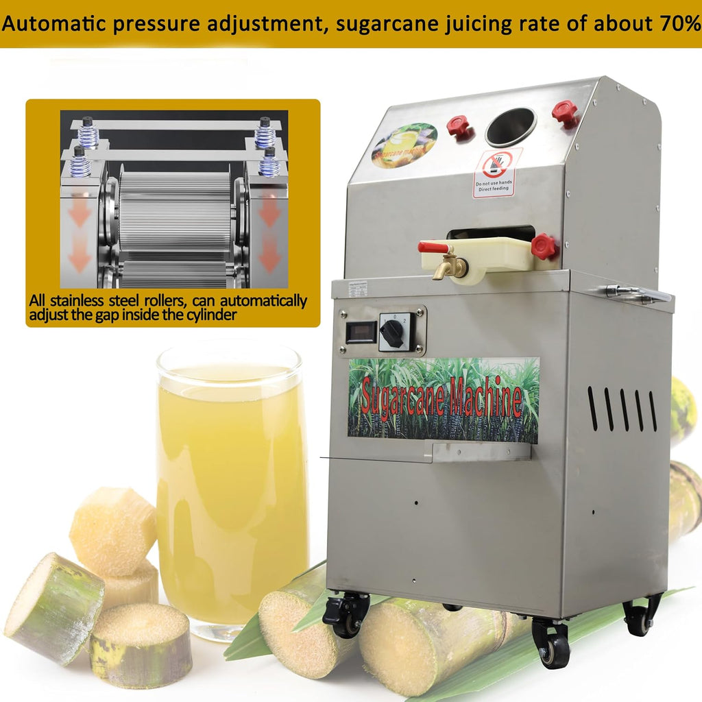 TECHTONGDA 24V DC or 110V AC Electric Sugar Cane Juicer Press Machine, Vertical Sugarcane Press, Stainless Steel Rollers Sugarcane Juice Extractor with Transformer and Wheels for Commercial Juicing