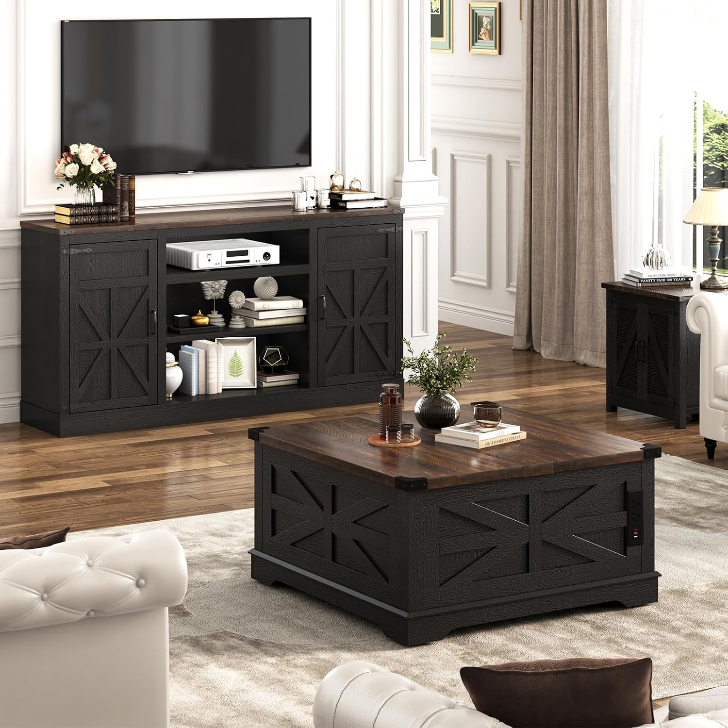 Hlivelood 66' Farmhouse TV Stand with Power Outlets for 75 Inch TVs, 33' Tall Entertainment Center with Storage Cabinets w/Adjustable Shelves, Rustic Large TV Media Console for Living Room, Black