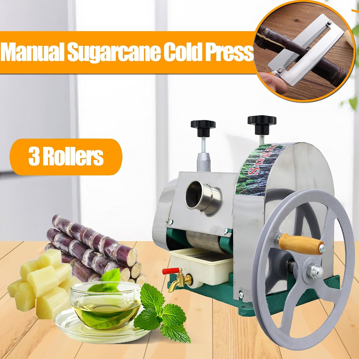 TECHTONGDA Manual Sugar Cane Juice Machine, Stainless Steel Sugarcane Press Juicer, Commercial Ginger Press Extractor with Handwheel & 2 Peeling Knives for Homes Shops