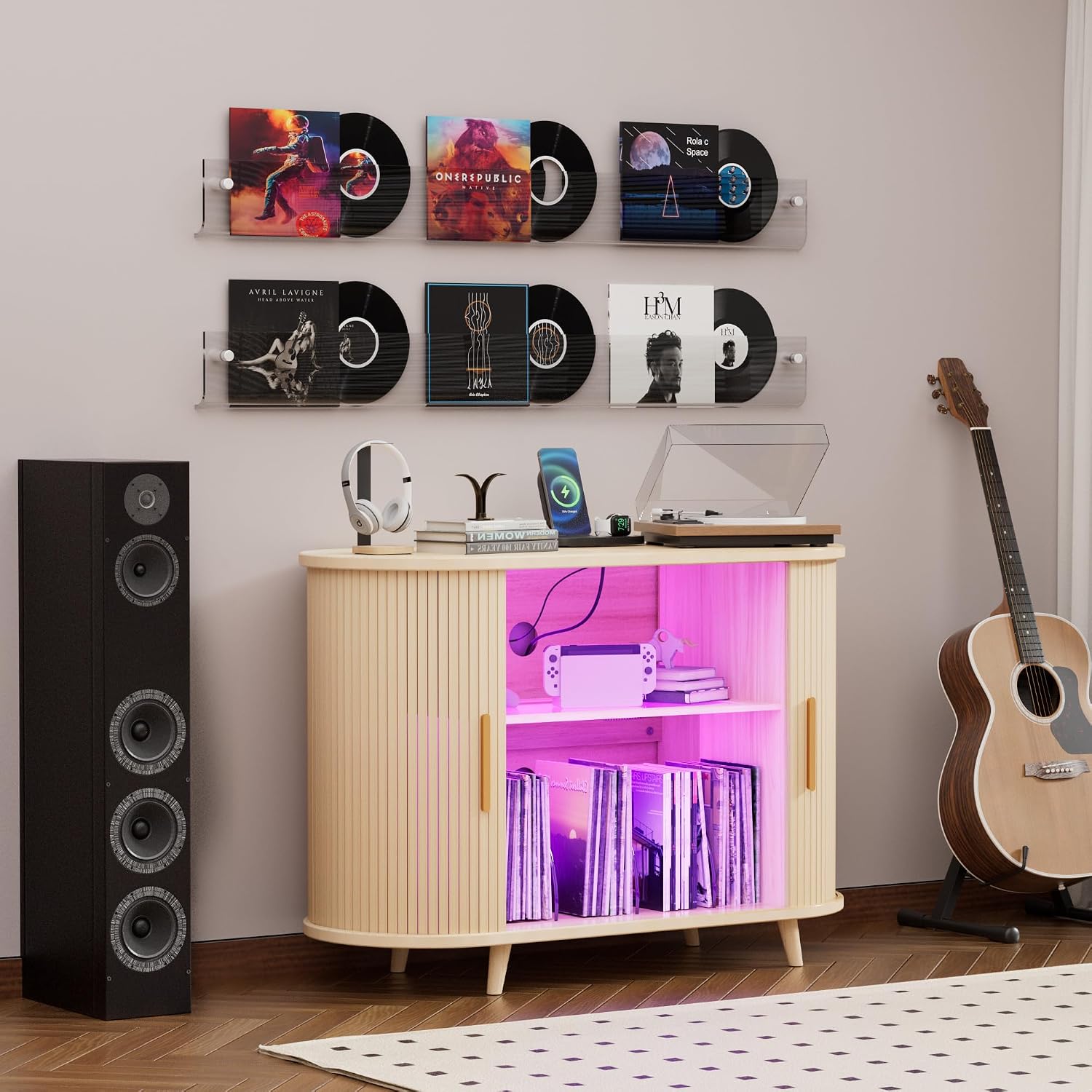 Large Record Player Stand with LED Lights, Vinyl Record Storage with Charging Station & USB Ports, Record Player Cabinet for Living Room(Natural, 55in) (Natural, 39in)