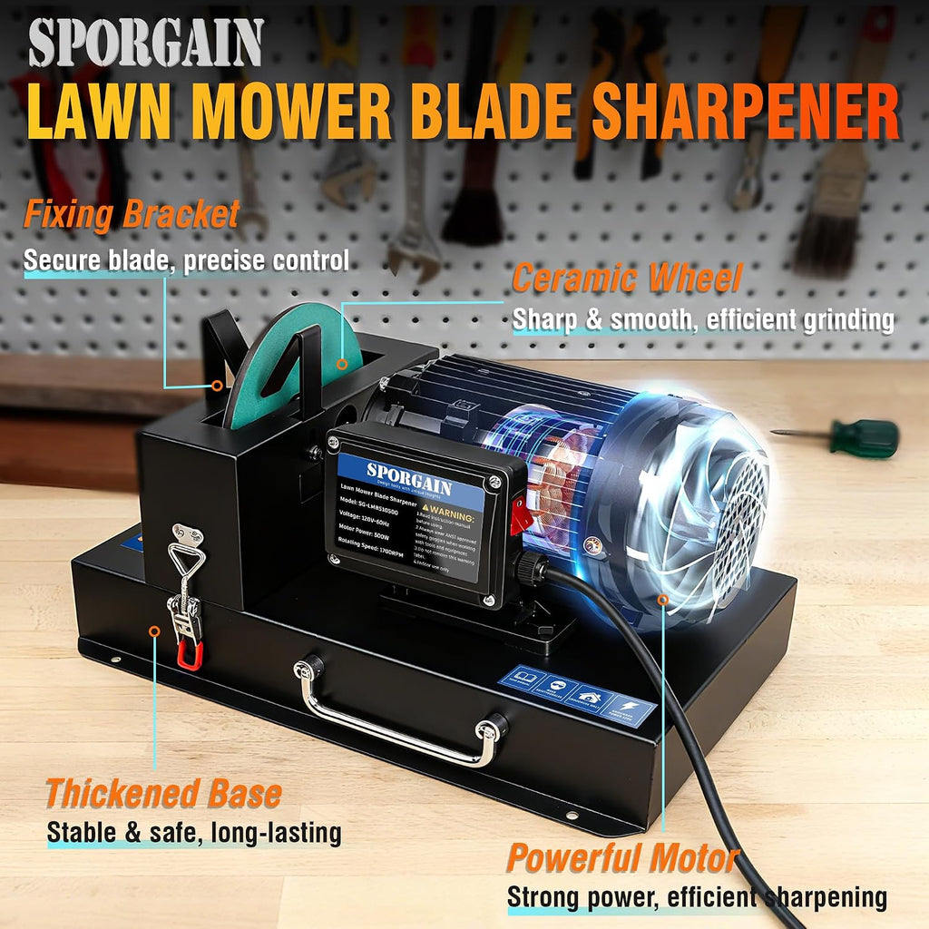 SporGain Lawn Mower Blade Sharpener 2/3 HP, Lawnmower Blade Sharpener with 20 Sandpapers 60/180 Grit, Heavy-Duty Mower Sharpening Machine for High/Low Lift, Gator & Flat Blades