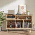 Record Player Stand with Charging Station & USB Ports, Mid-Century Turntable Stand Table Holds Up to 300 Albums, Vinyl Record Storage Cabinet with Wood Legs for Living Room Office (Wood)