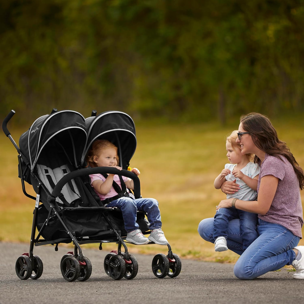 Dream On Me Volgo Twin Baby Stroller, Lightweight Side-by-Side Double Umbrella Stroller with Adjustable Canopy, 5-Point Harness, Storage Basket & Travel-Friendly Fold – Black