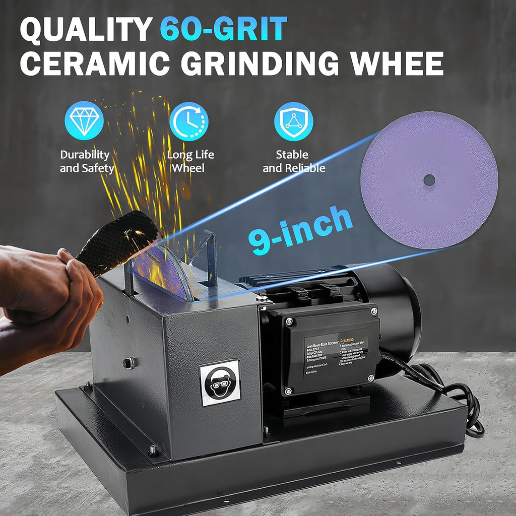 Professional Lawn Mower Blade Grinder | 1HP 750W 9' Ceramic Wheel with Adjustable Angle Bracket for Lawn Mower Blades | High/Low Lift Blades | Gator Blades | Flat Blades,etc