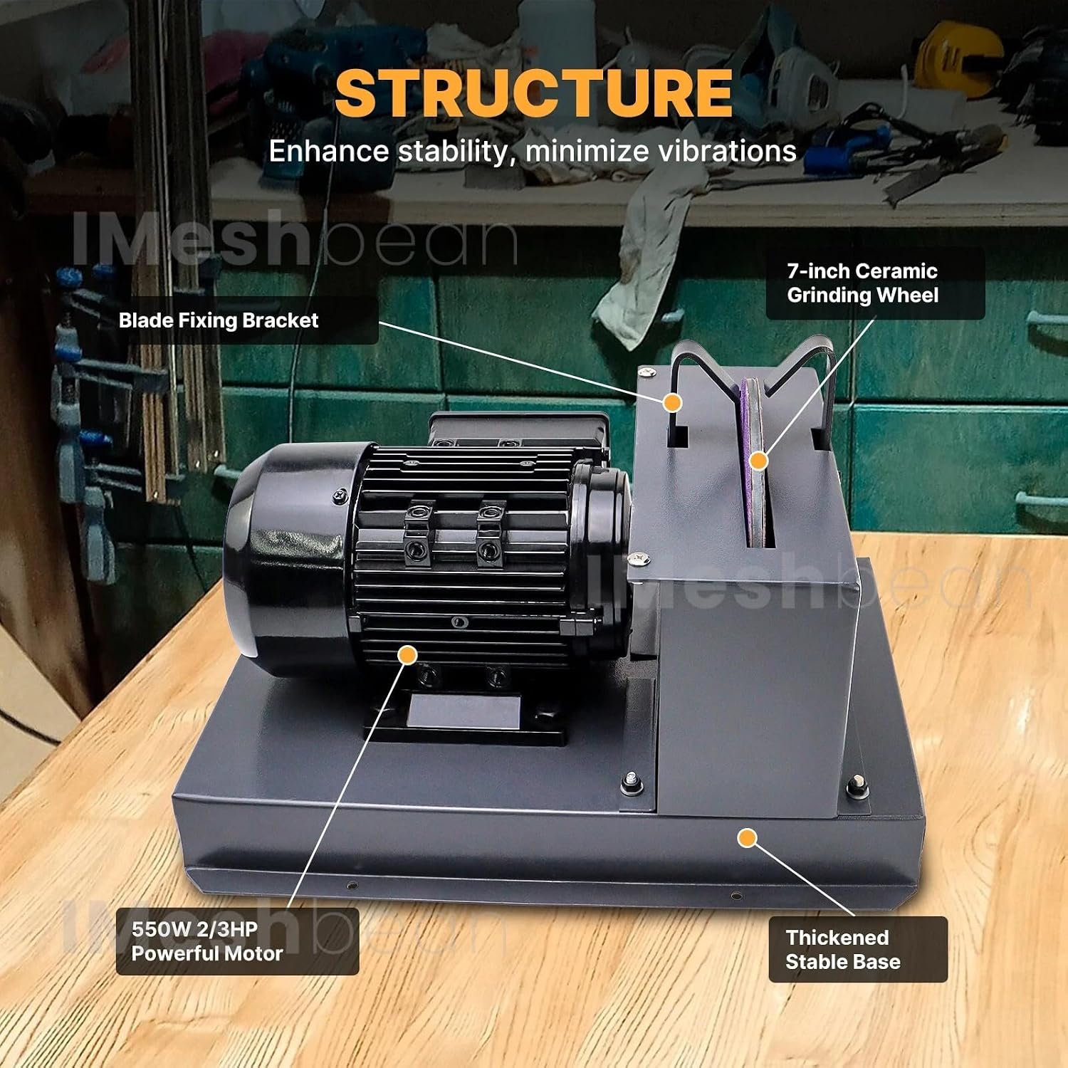 iMeshbean Lawn Mower Blade Sharpener 2/3HP 500W Grinder with 7-inch Ceramic Wheel, Heavy-Duty Sharpening Machine for High/Low Lift, Gator & Flat Blades
