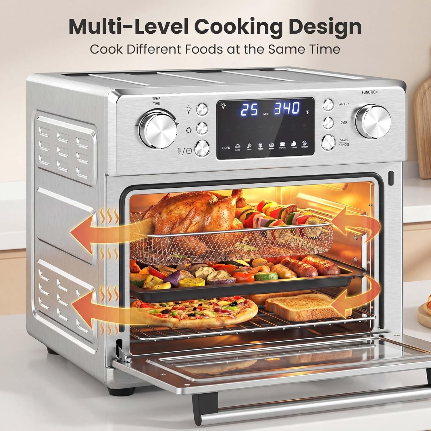 SIMOE Air Fryer Oven 26QT, 14-in-1 Toaster Oven Air Fryer Combo with 1700W Convection, Stainless Steel Countertop Oven with Rotisserie, Dehydrate & Pizza
