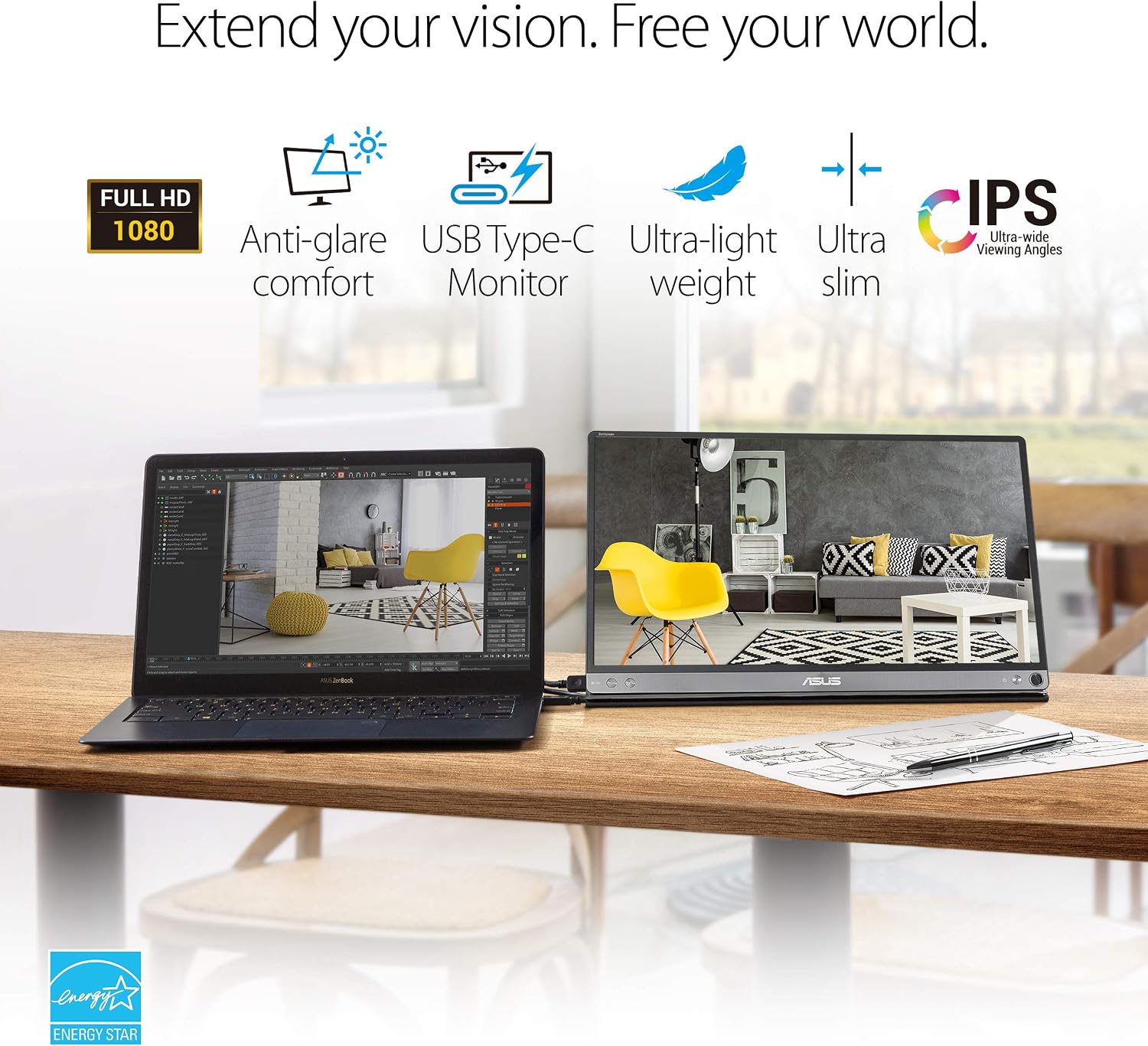 ASUS Zenscreen MB16ACM 15.6' Portable Monitor Full HD (1920 X 1080) IPS Eye Care USB Type-C Anti-Glare Screen