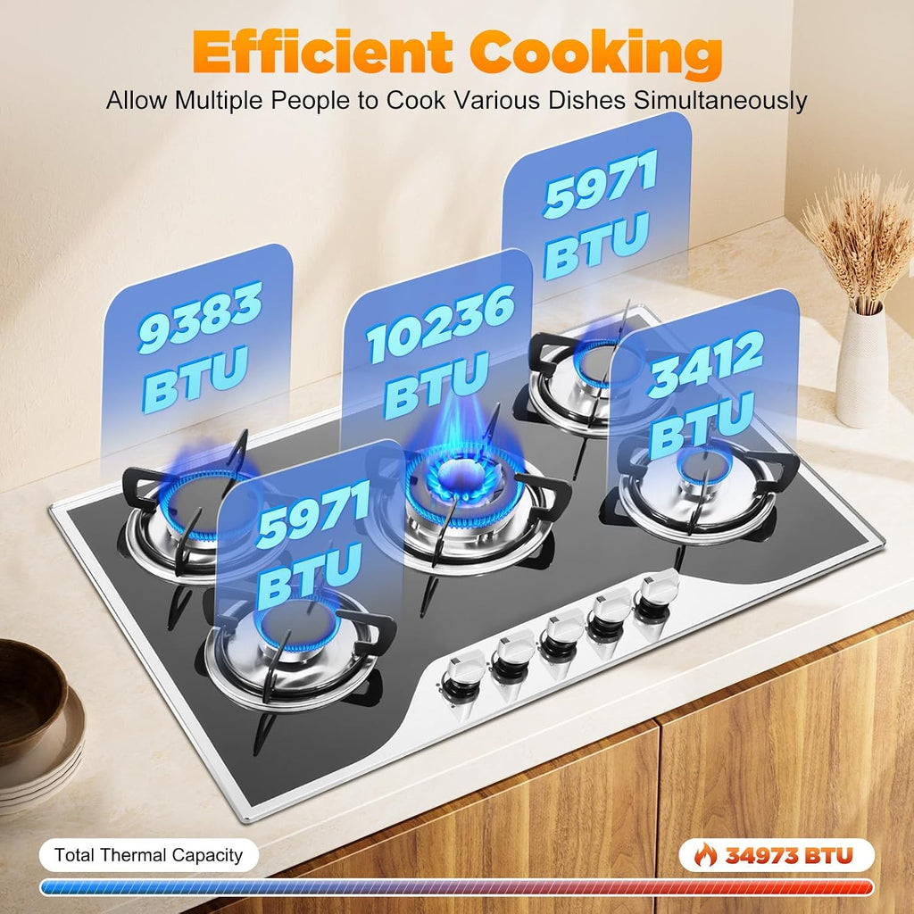 Gas Cooktop, Tempered Glass Panel Built-in 5 Burners, Portable LPG Gas Stove Countertop, Dual Fuel Cooktops Gas Cooker for RV Camper Caravan Outdoor Apartments, 30.3Inch Black