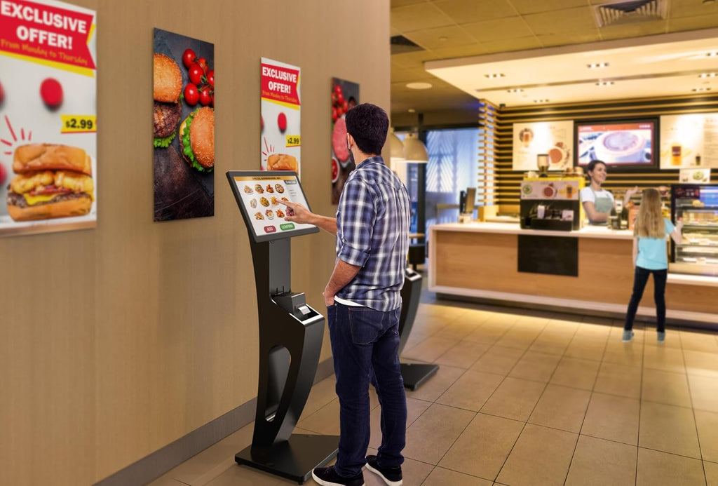 CTA Sleek Floor Stand Kiosk for Monitors – Floor Stand with Printer Slot 15' to 32' up to 60lbs - for Check-in & POS Stations & More - Black (ADD-LDSLEEK)