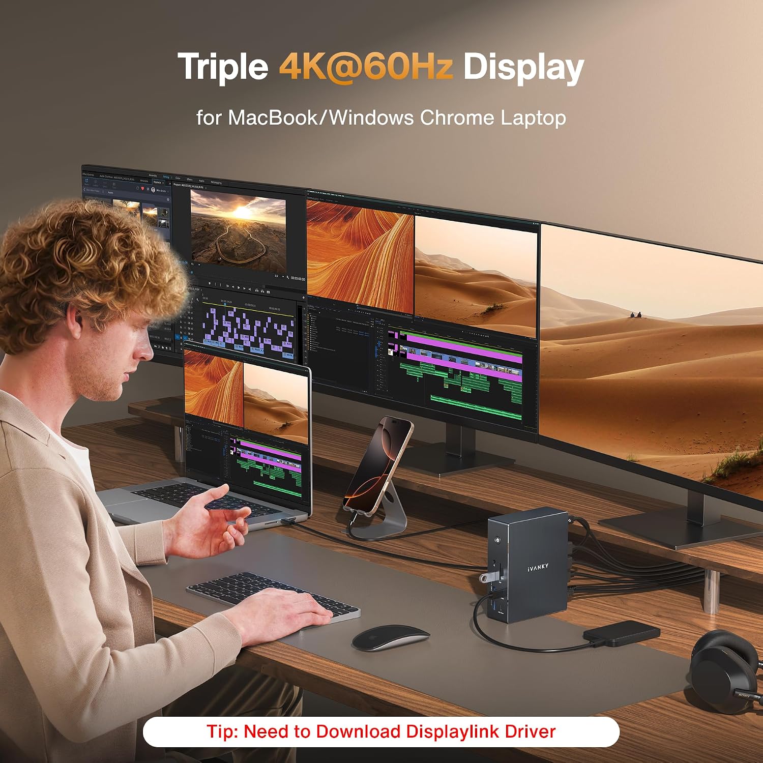 iVANKY 20-in-1 DisplayLink Docking Station 3 Monitor for Window and MacBook Pro/Air, Triple 4K@60Hz Display for M5/M4/M3/M2/M1 MacBook/Windows, 180W Power, 2.5GbE, HDMI, DP, 10Gbps, Driver Needed