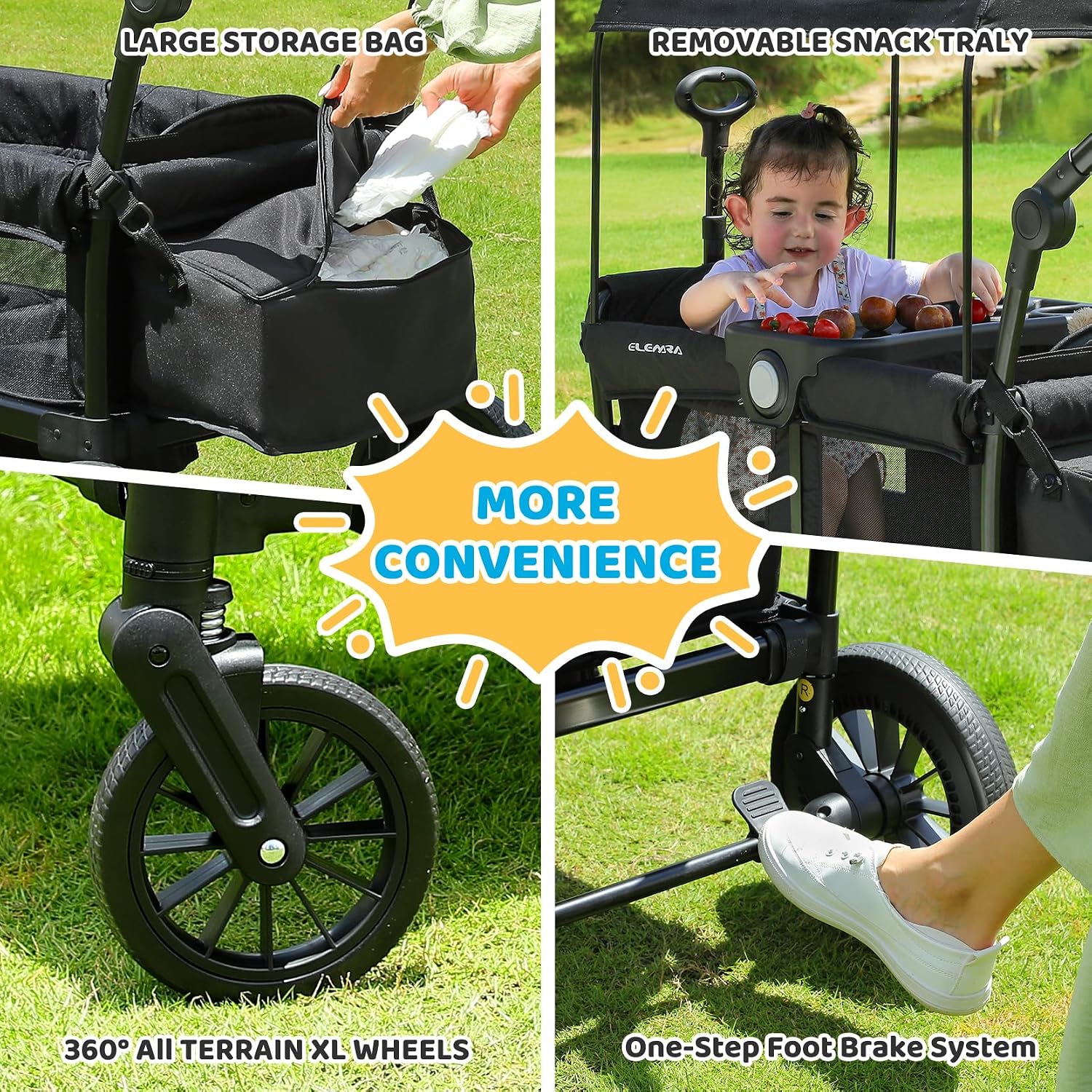 ELEMARA Foldable Wagon Stroller, Stroller Wagon for 2 Kids, Premium All Terrain Wagon for Kids with Removable Canopy, Adjustable Push/Pull Handle, Harnesses, Large Storage Bag, Black