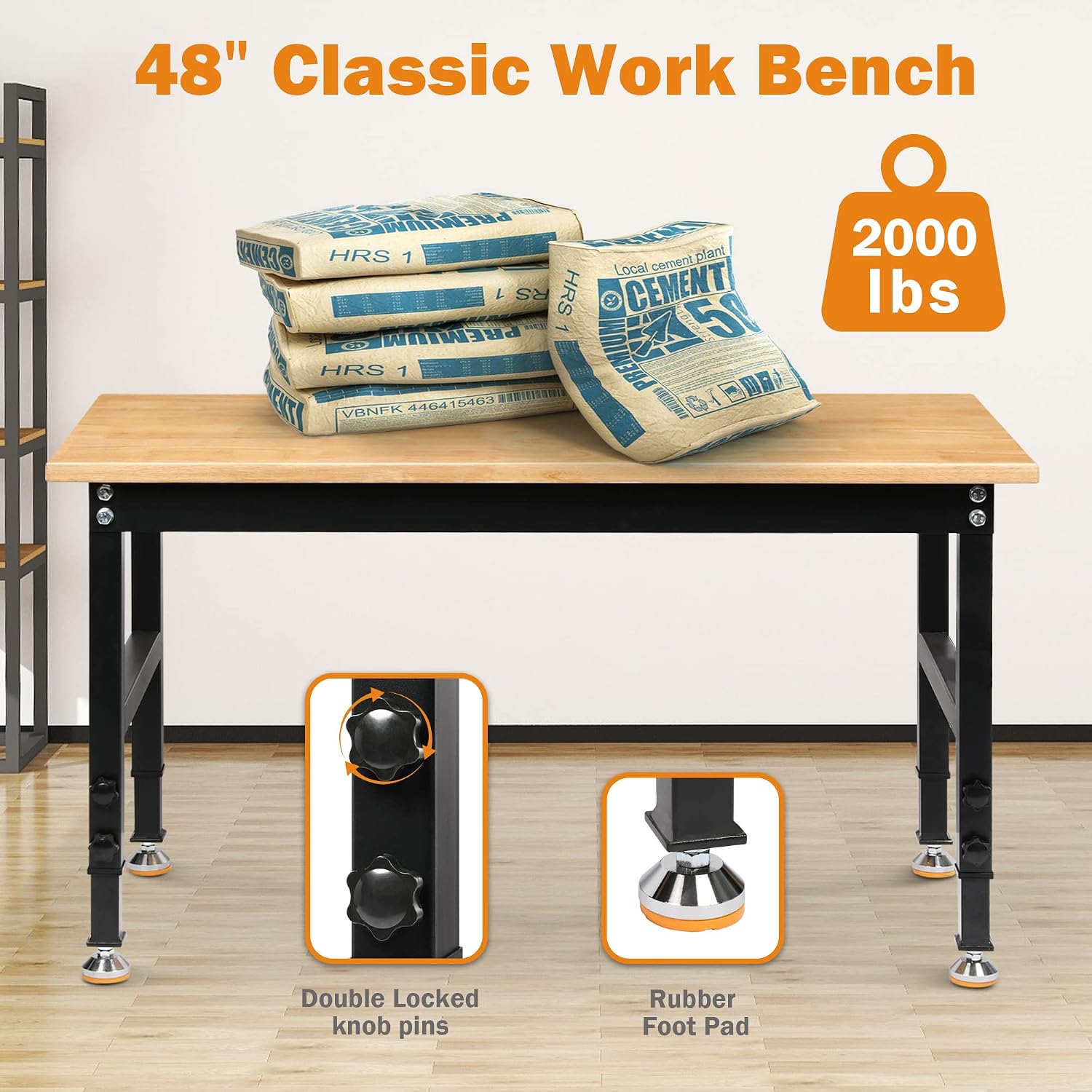 Betterhood 48' Heavy-Duty Adjustable Workbench for Garage, Rubber Wood Shop Table W/Rubber Pads, Hardwood Workstation Weight Capacity Over 2000 Lbs