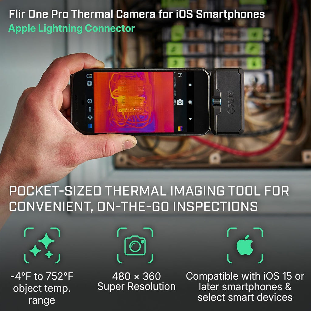 Flir One Pro - Thermal Imaging Camera for iOS Smartphones (iPhone 14 and Older w/Lightning Port), 480x360 Super Resolution (160x120 Native IR)