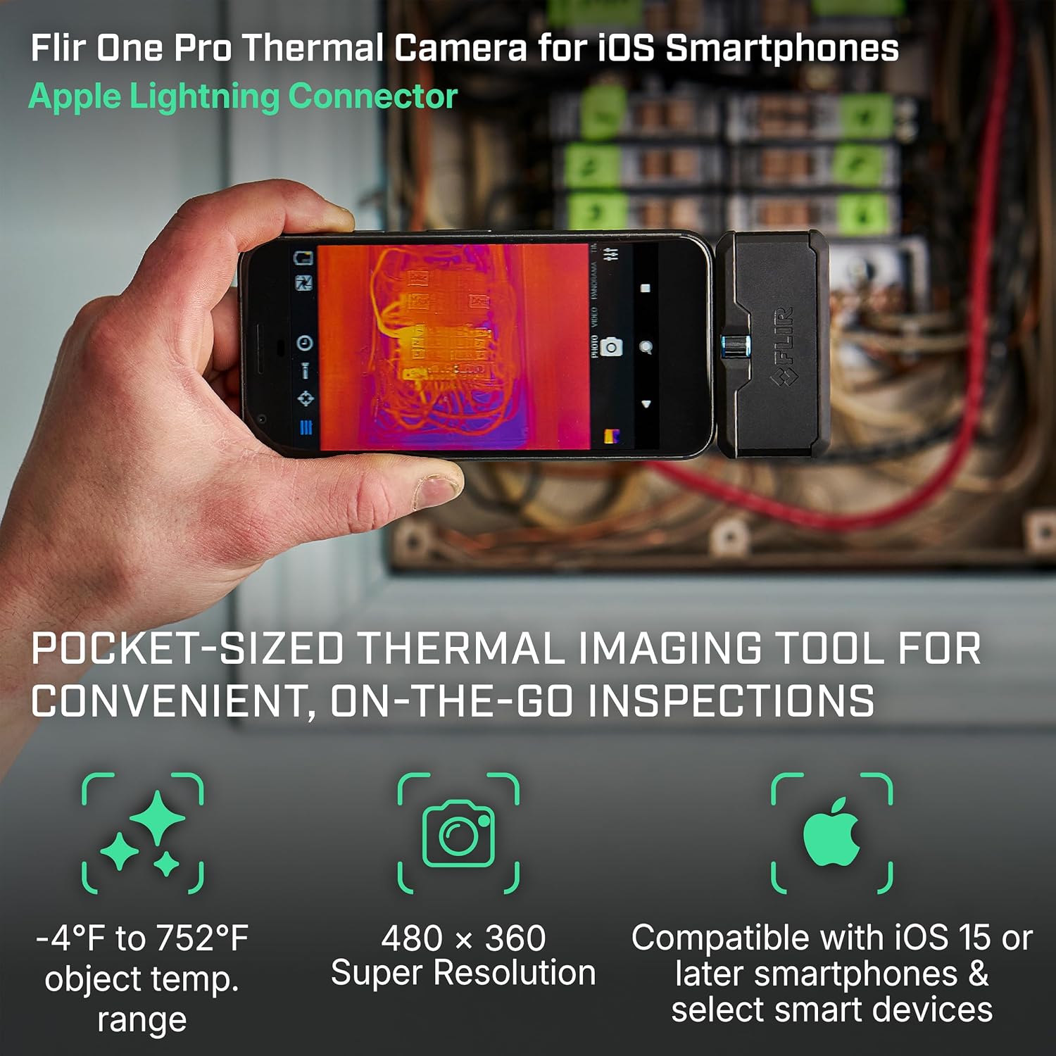 Flir One Pro - Thermal Imaging Camera for iOS Smartphones (iPhone 14 and Older w/Lightning Port), 480x360 Super Resolution (160x120 Native IR)