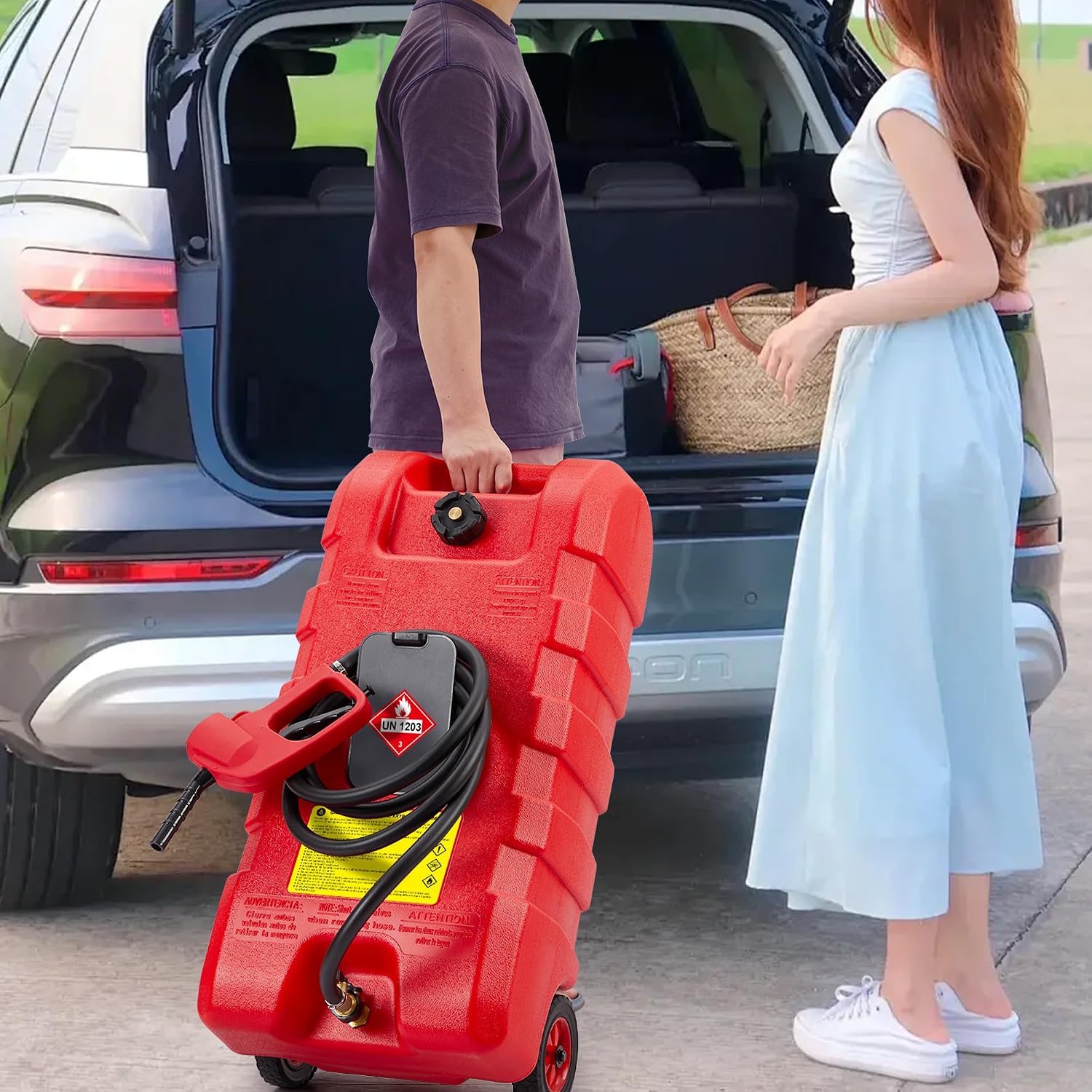15 Gallon Portable Gas Tank with Caster,LE Fluid Transfer Siphon Pump,Fuel Caddy With 10Ft Hose. Delivery Hose Diesel Fuel Gas Can for Cars, Lawn Mowers, Boats Red/Gray/Yellow, Portable Diesel Can
