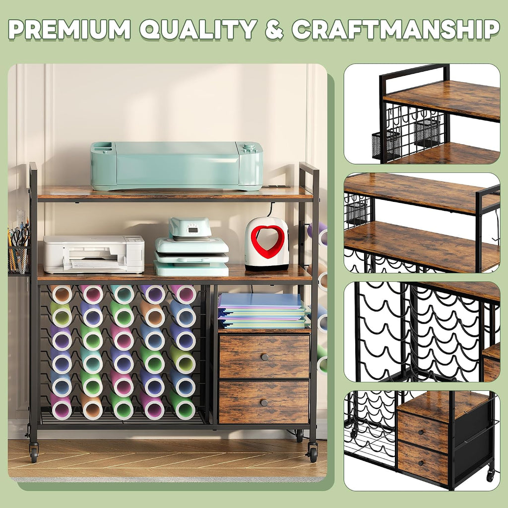 HavenlyYouth Craft Cart Compatible with Cricut Machine, Large Cricut Table with 34 Vinyl Roll Holder, 2 Drawers and Charging Station, Craft Storage Cabinet Craft Workstation