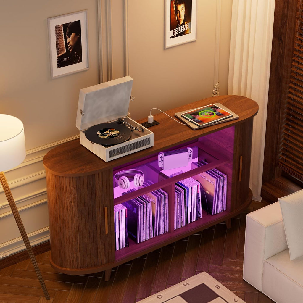 Vinyl Record Player Stand with LED Lights & Charging Station, Large Record Holdert with Sliding Door for Turntable, Speakers, Modern Media Cabinet for Living Room Bedroom (Walnut, 55in)