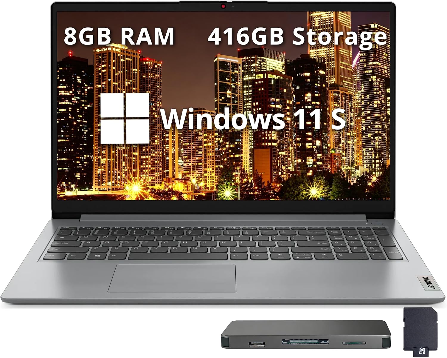Lenovo IdeaPad 1 15.6' HD Laptop, Intel Pentium Silver N6000, 8GB RAM, 416GB Storage (128GB SSD+128GB eMMC+160GB Docking Station Set), Intel UHD Graphics, Num Pad, 1 Year Office 365, Win 11 S, Gray