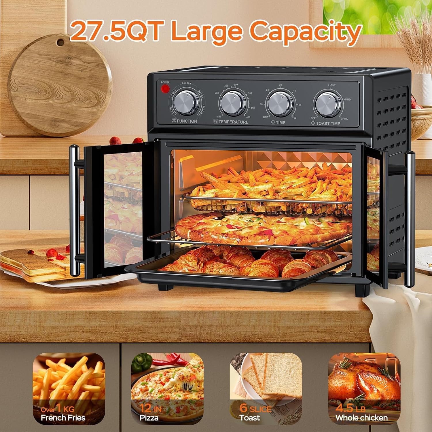 PlumChef 27.5 Quart Extra Large 6 Slices Air Fryer Convection Toaster Oven, French Door, 1700W, Multifunction Oven for Air Fryer, Toast, Grill, Defrost, Bake (Black)