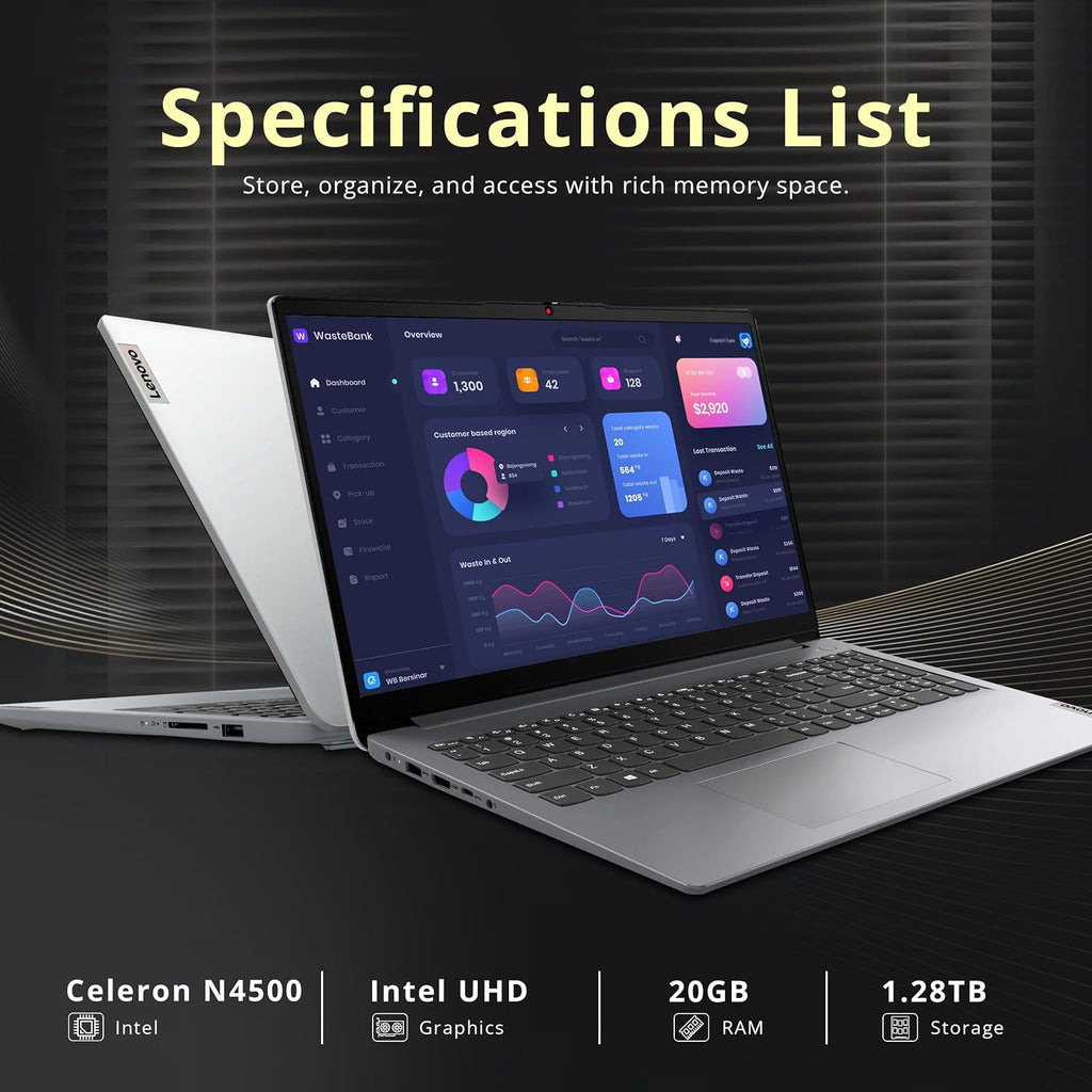Lenovo IdeaPad 1 15.6' HD Laptop for Students & Business, Intel Celeron N4500, 20GB RAM, 1TB SSD+128GB eMMC, Full-Size Keyboard, WiFi 6, 1 Year Office 365, Win 11, Gray, 160GB Docking Station Set