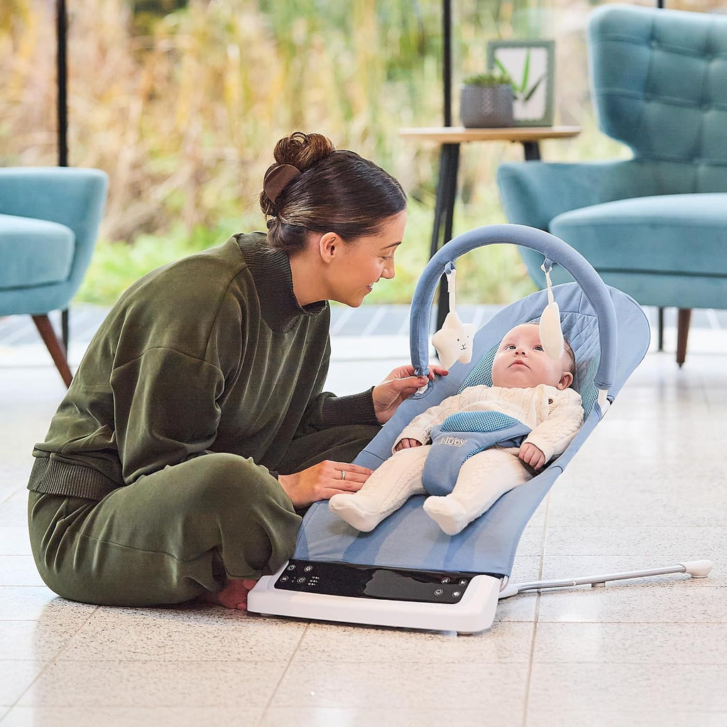 Nuby Deluxe Baby Bouncer Seat - Portable Infant Bouncer with Music, Fun Sounds, and Soothing Vibrations - Digital Display - 0-6 Months - Navy Blue