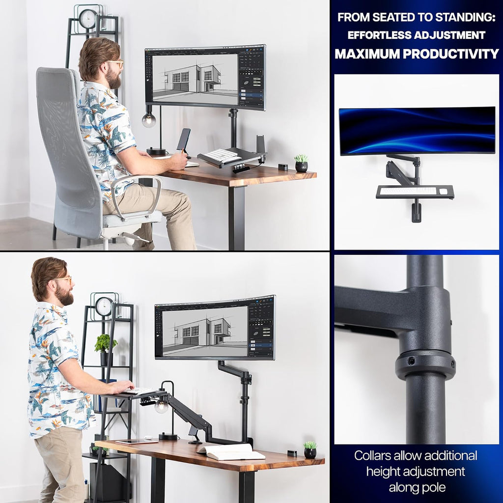 VIVO Sit-Stand Heavy Duty Ultrawide Monitor Wall Mount for Screens up to 49 inches with Height Adjustable Keyboard and Mouse Tray, Pneumatic Arm Computer Workstation, MOUNT-V120KB35C