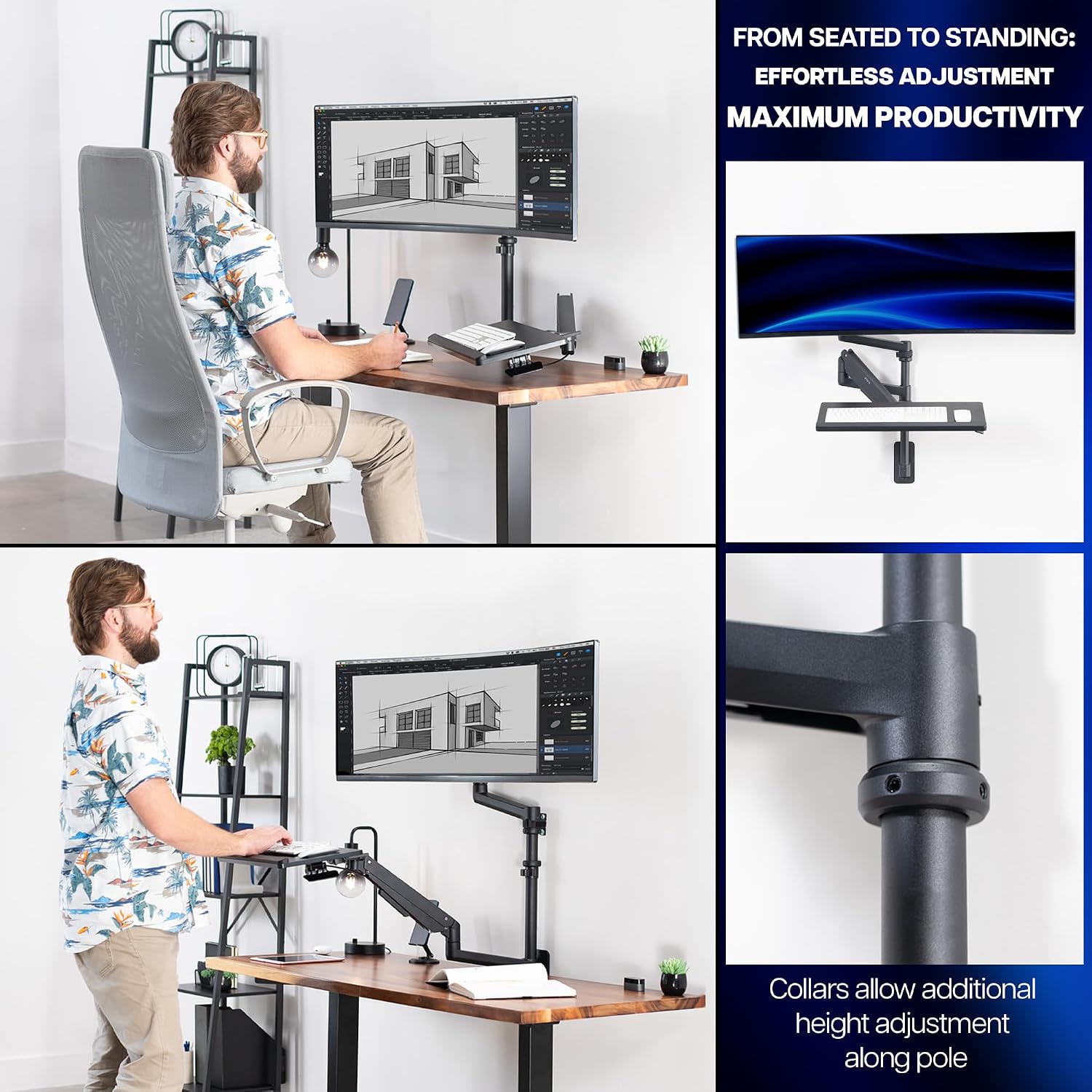 VIVO Sit-Stand Heavy Duty Ultrawide Monitor Wall Mount for Screens up to 49 inches with Height Adjustable Keyboard and Mouse Tray, Pneumatic Arm Computer Workstation, MOUNT-V120KB35C