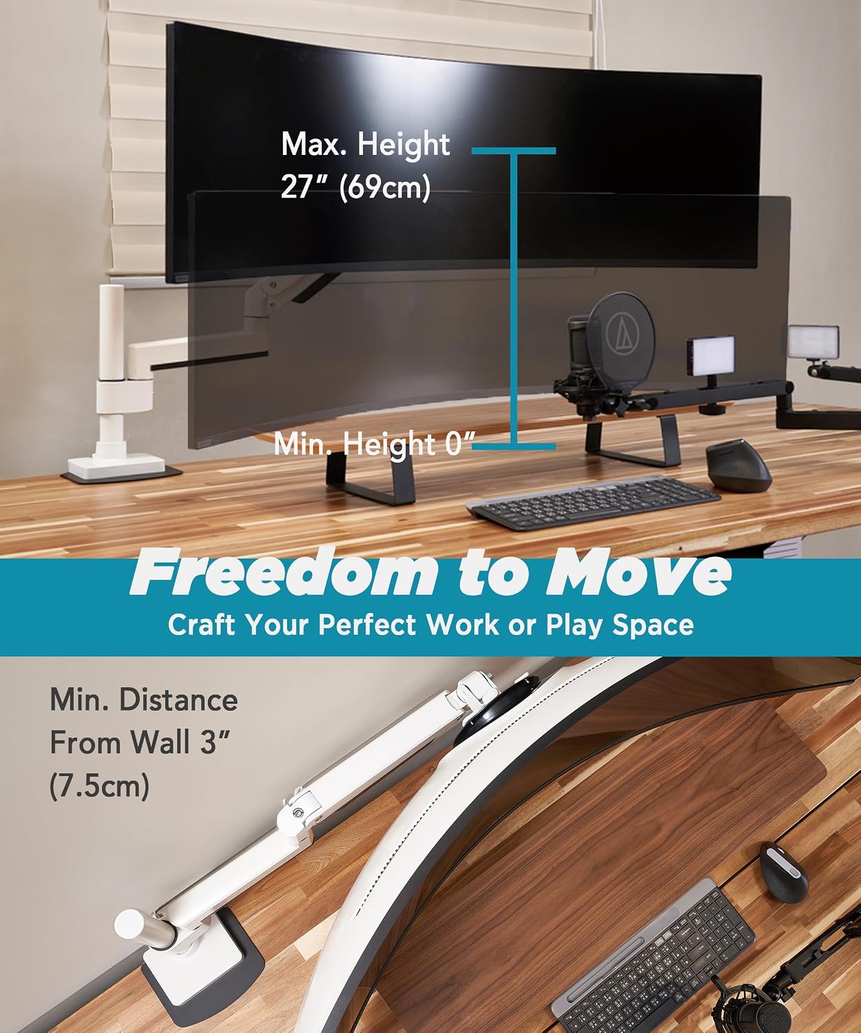 ULTRARM Heavy Duty Monitor Arm for Ultrawide Monitors up to 57' and 44 lbs, Single Desk Stand, Pneumatic Height Adjustable, Modular Extension Arms - Max VESA 100x100, White, MA20PW-S