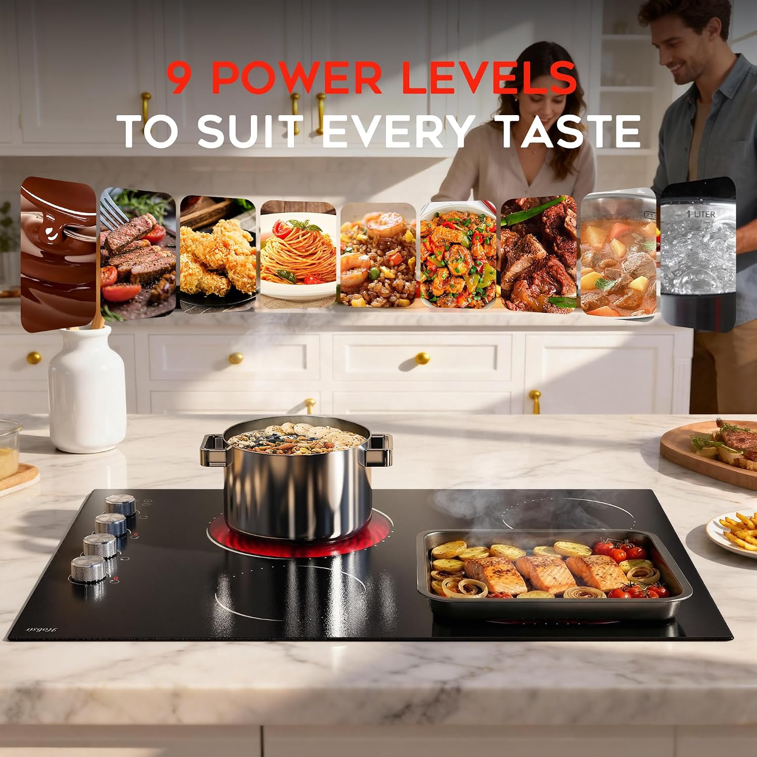 Electric Cooktop 30 Inch Hobsir, 4 Burner Electric Stove Top 6700W, Dual-Ring Burner & Oval Burner, 9 Power Level, 30 Inch Cook top with Safety Lock, Timer, Silver Knob