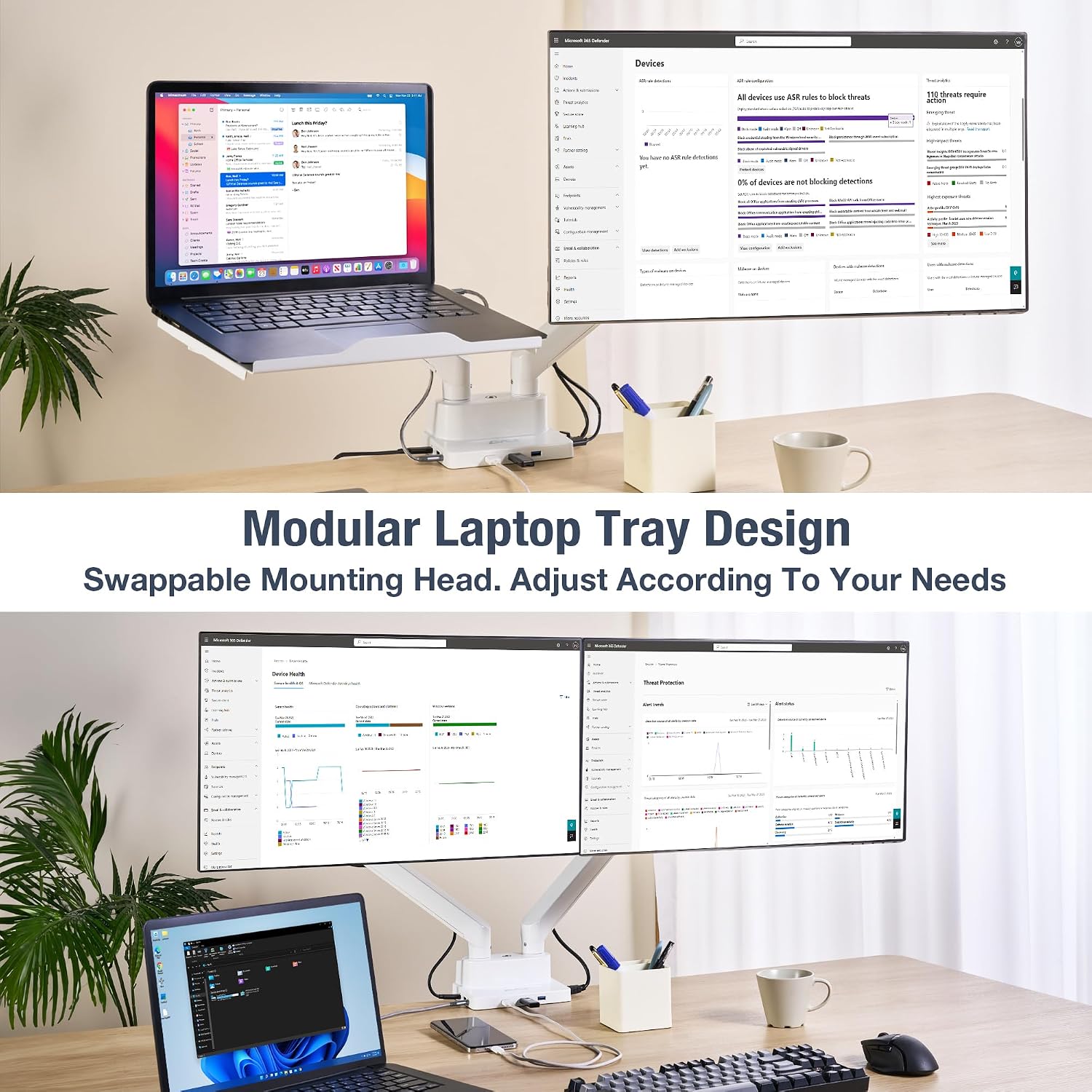 AVLT Dual 17'-38' Monitor Arm Desk Mount with 17' Laptop Tray and USB-C Docking Station, HDMI 4K60Hz, USB-A 5Gbps, Ethernet, 100W PD, Fits Two Flat/Curved - White