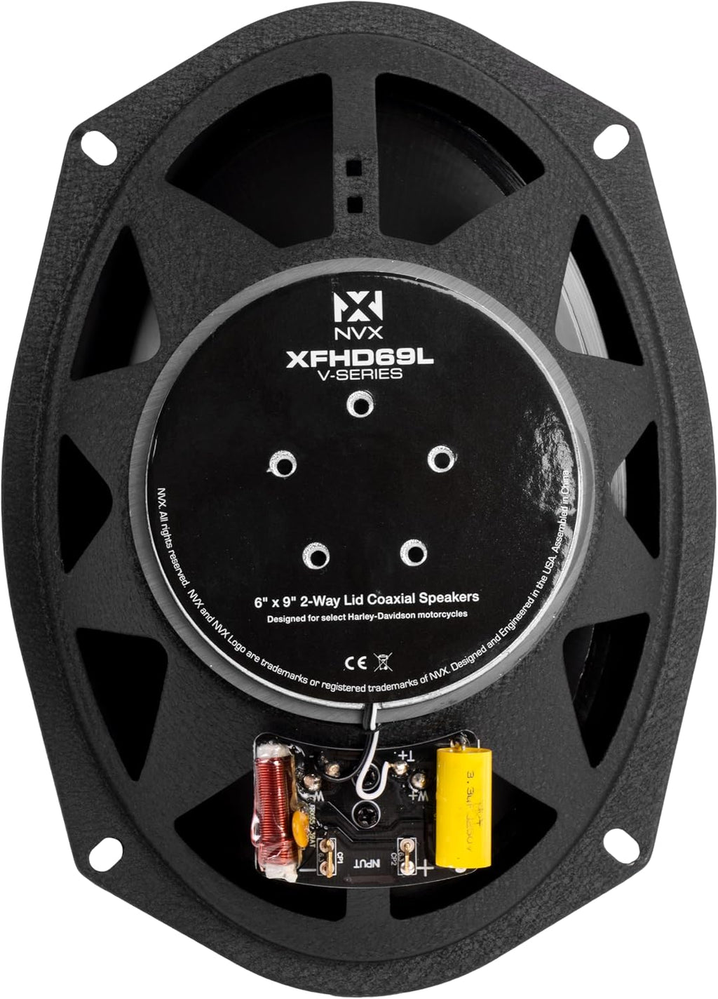 NVX® XFHD69L Premium 6x9' Motorcycle Speakers, 800W Peak (400W RMS), 2-Ohm Aftermarket Saddlebag Lid Coaxials with 1' Titanium Tweeters, Waterproof, for Harley-Davidson 1998 up (Pair)