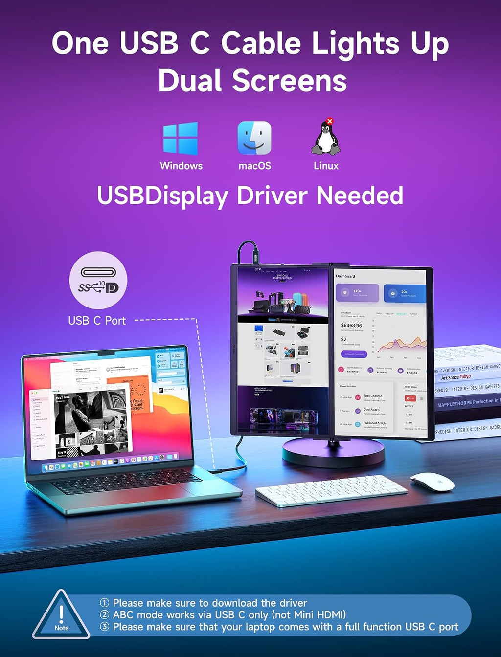JSAUX FlipGo Pro 15.6' Dual Portable Monitors, 1080P FHD IPS Dual Screen Monitor, Triple Screen Laptop Monitor Extender for Wins/macOS (Driver Required) with Magnetic Design/Plug & Play/Built-in Hub