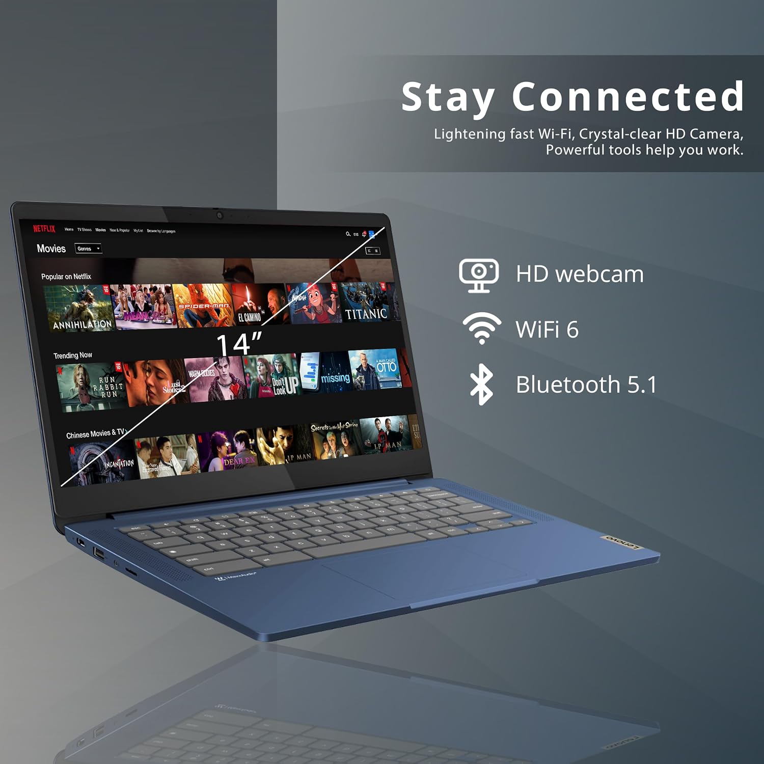 Lenovo IdeaPad Slim 3 Chromebook, 14″ FHD IPS Anti-GlareTouchscreen, MediaTek Kompanio 520, 4GB LPDDR4X, 224GB Storage(64GB eMMC+160GB Docking Station Set), Webcam, WiFi 6, Chrome OS, Blue