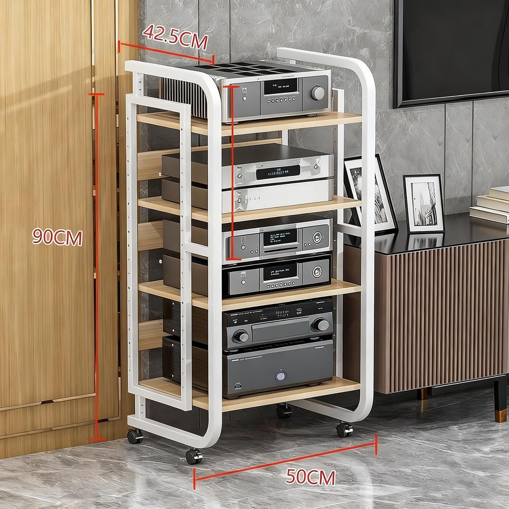 HiFi Rack Audio Cabinet for Media Component with Wheels and Adjustable Wooden Shelves Sturdy Storage Rack for Record Player, TV Box, Amplifier(White,50x42.5x90cm)