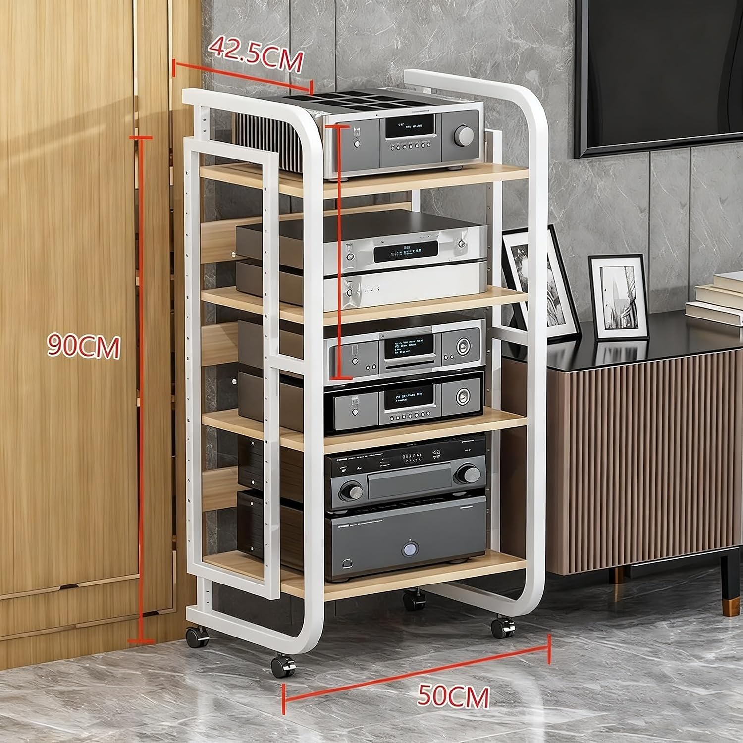 HiFi Rack Audio Cabinet for Media Component with Wheels and Adjustable Wooden Shelves Sturdy Storage Rack for Record Player, TV Box, Amplifier(White,50x42.5x90cm)