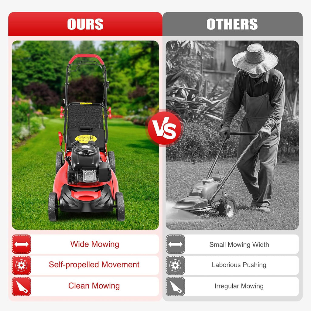 20Inch Gas Lawn Mower, 140CC 4 Stroke OHV Gasoline Engine, 1 to 3.2Inch Mowing Height Adjustment, Push Mower with Bagging, for Patio Garden Lawn Mowing